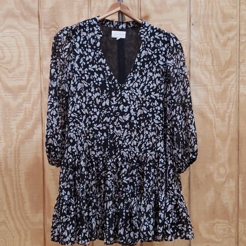 Anthropologie Melloday Black White Pink Print Tiered Ruffle Mini Dress…